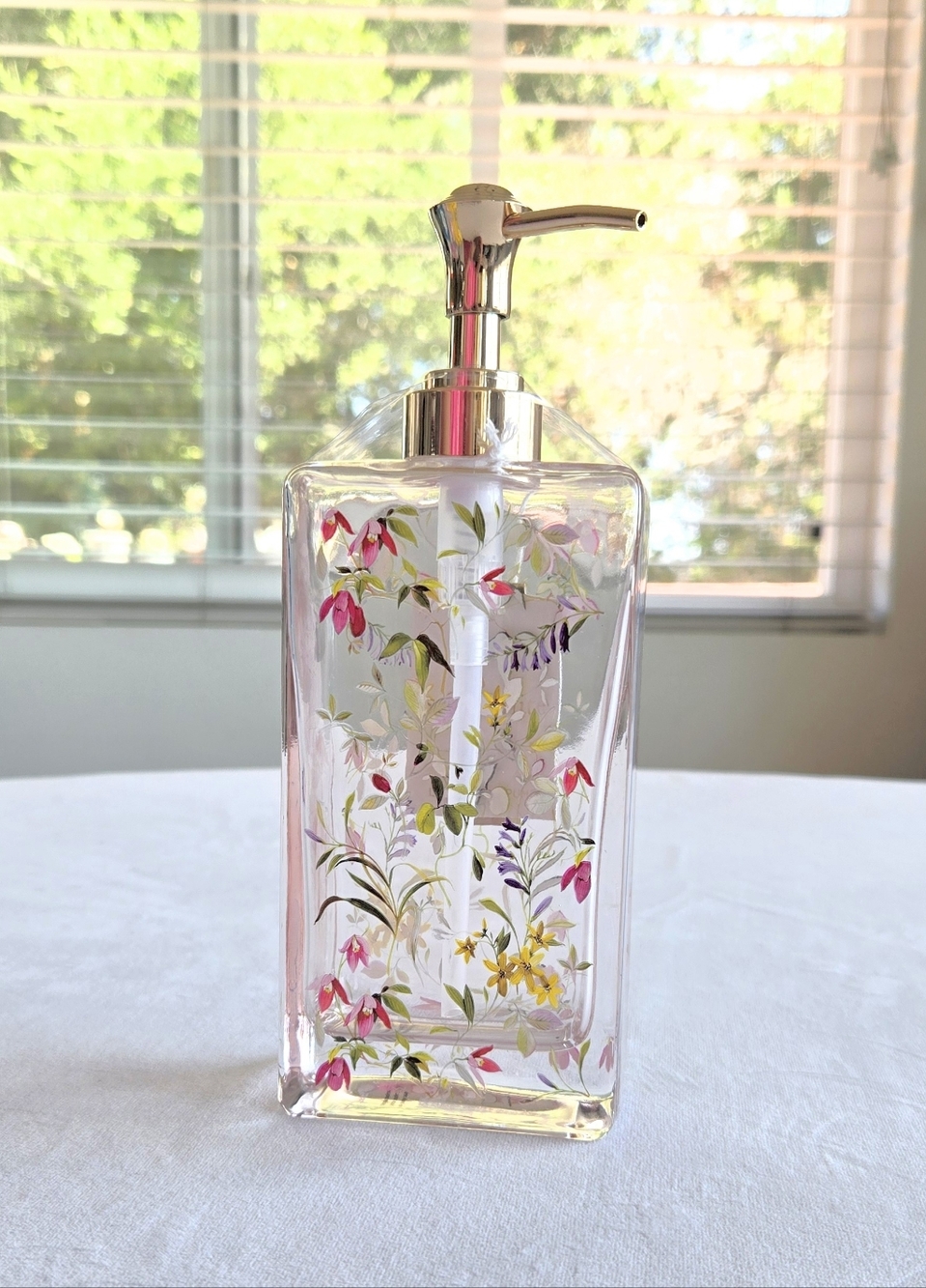 Tall Floral Painted Glass Soap/Lotion Dispenser Home Bath Body Plastic Pump